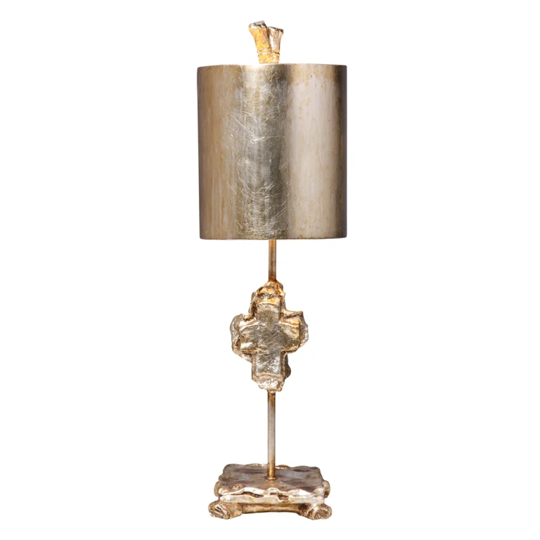 Cross Silver 1-Light Table Lamp in Silver leaf w with carved cross on complementing mounting