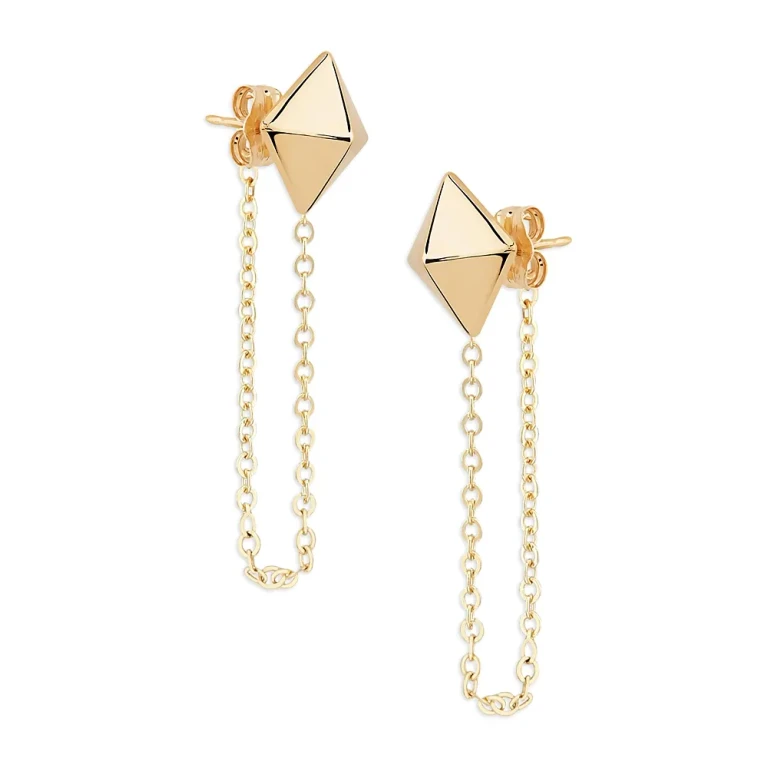 14K Yellow Gold Pyramid Stud Draped Chain Earrings - Exclusive
