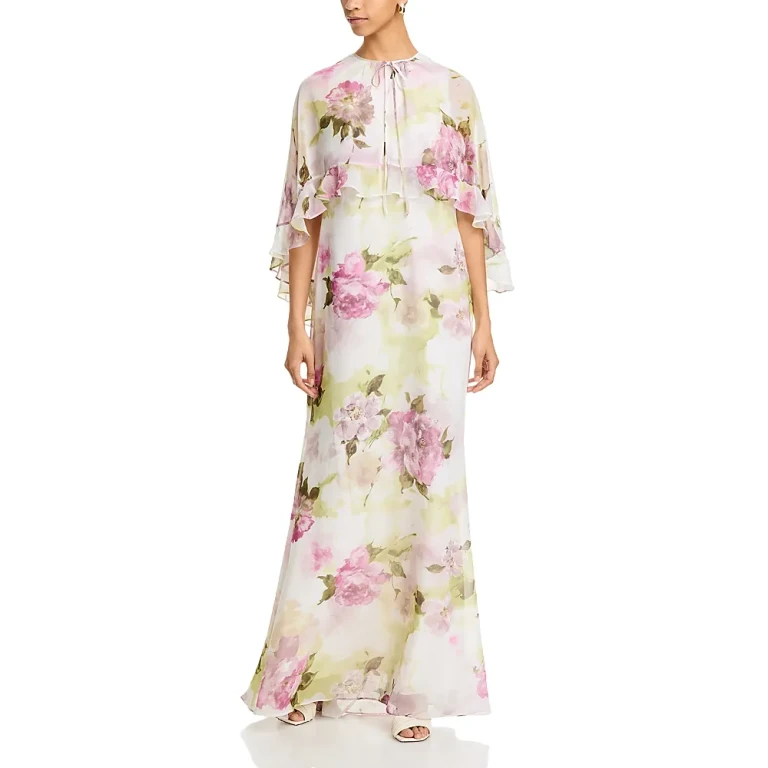 Teri Jon by Rickie Freeman Chiffon Floral Ruffled Capelet Gown