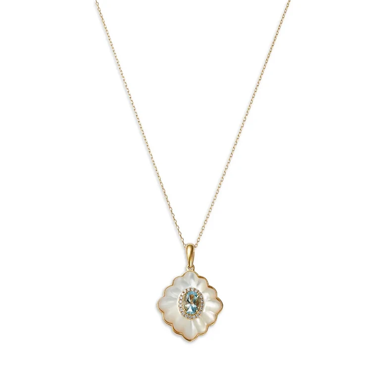 Aquamarine, Mother of Pearl & Diamond Pendant Necklace in 14K Yellow Gold