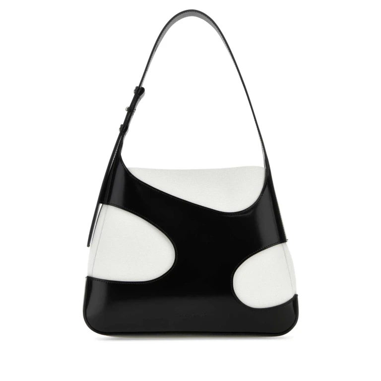 Two-tone Leather And Canvas Cut Out L Shoulder Bag
