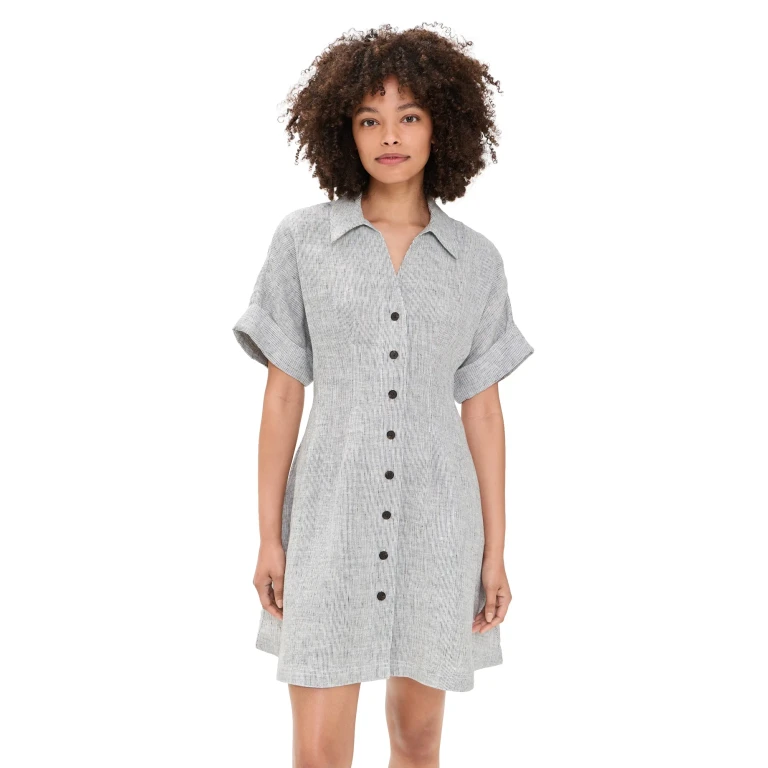 Madewell Pleated Linen Shirt Dress Black White Mini Stripe S
