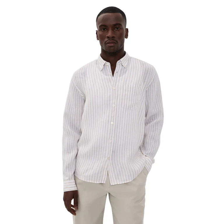 BOSS Long Sleeve Linen Collared Shirt Open Beige S