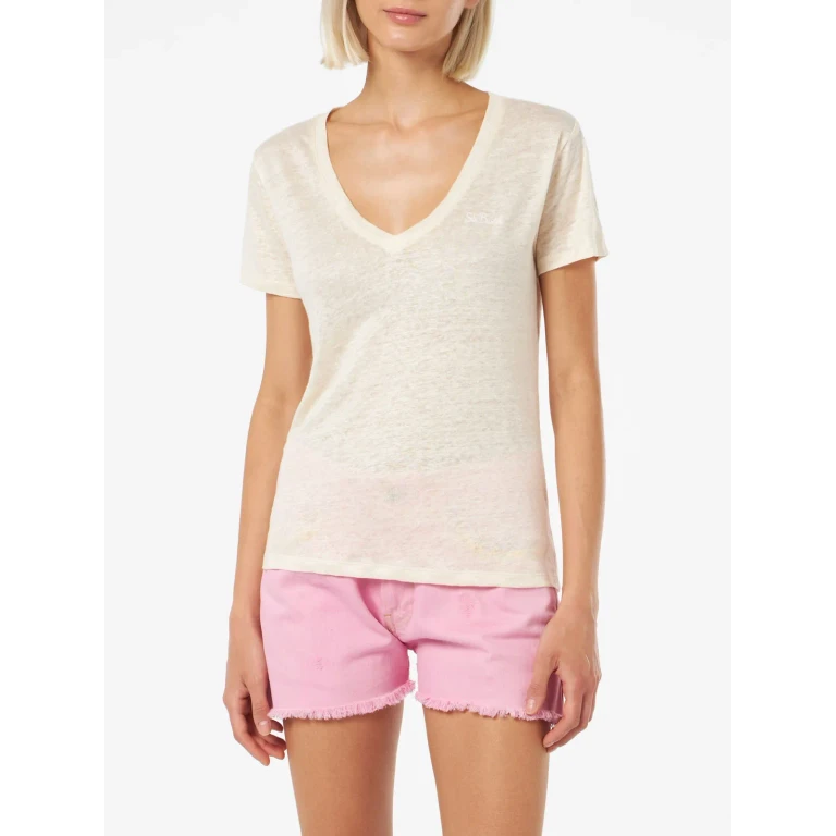 MC2 Saint Barth Linen Jersey Off-white V-neck T-shirt Eloise