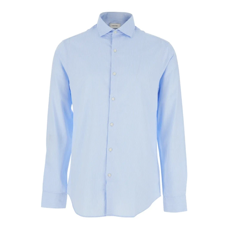 Calvin Klein Light Blue Shirt With Classic Collar And All-over Striped Motif In Cotton Blend For Men