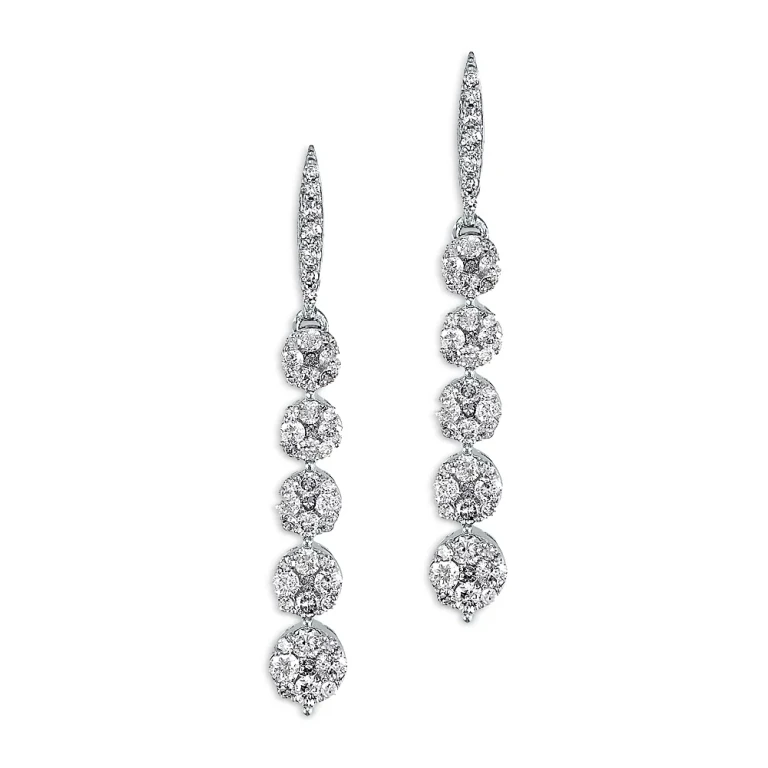 Diamond Cluster Linear Earrings in 14K White Gold, 1.0 tcw
