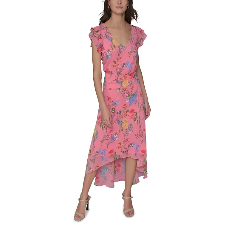 Karl Lagerfeld Paris Floral High Low Flutter Sleeve Dress