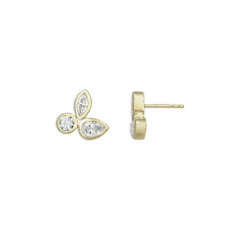 14K Yellow Gold Lab Grown Diamond Mixed Cut Bezel Cluster Stud Earrings