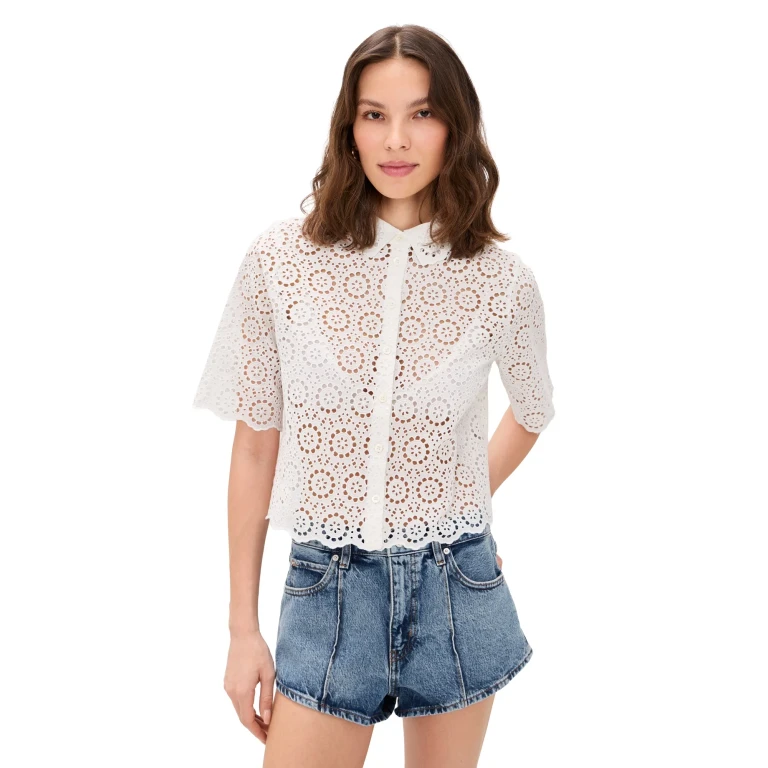 FRAME The Petal Eyelet Button Down Shirt White S