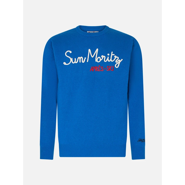 MC2 Saint Barth Man Crewneck Sweater With Sun Moritz Après Ski Embroidery