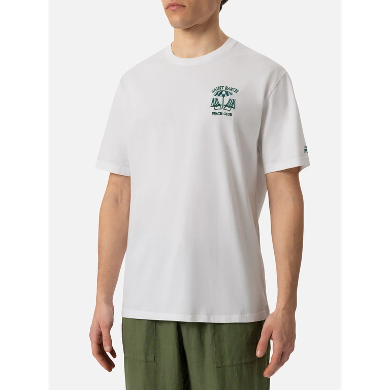 Mc2 Saint Barth Classic Fit Cotton Jersey T-Shirt Portofino With Saint Barth Beach Club Embroidery White - Men