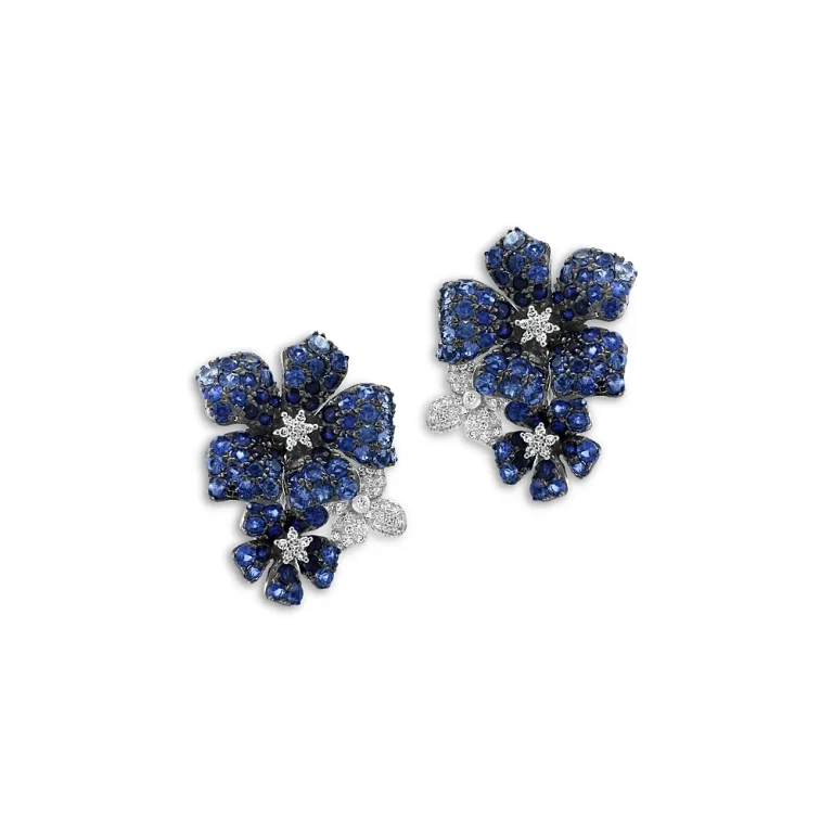 Blue Sapphire & Diamond Triple Flower Statement Earrings in 14K White Gold