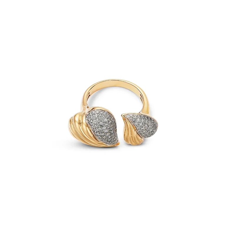 Diamond Textured Heart Cuff Ring in 14K Yellow Gold, 0.94 tcw