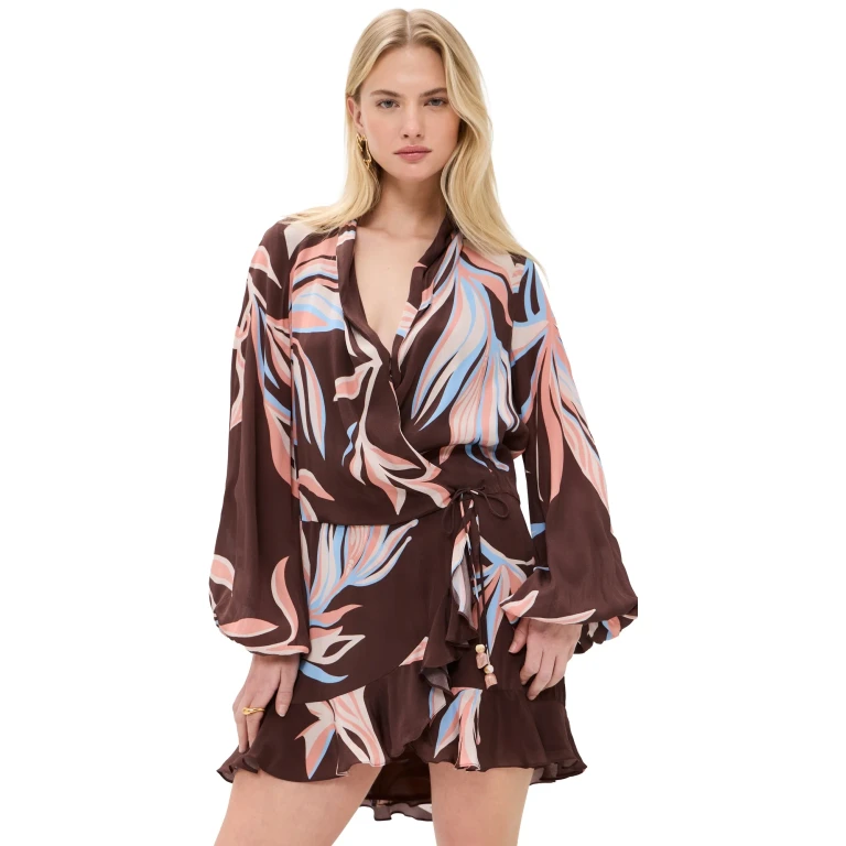 ROCOCO SAND Front Wrap Mini Dress Brown XS