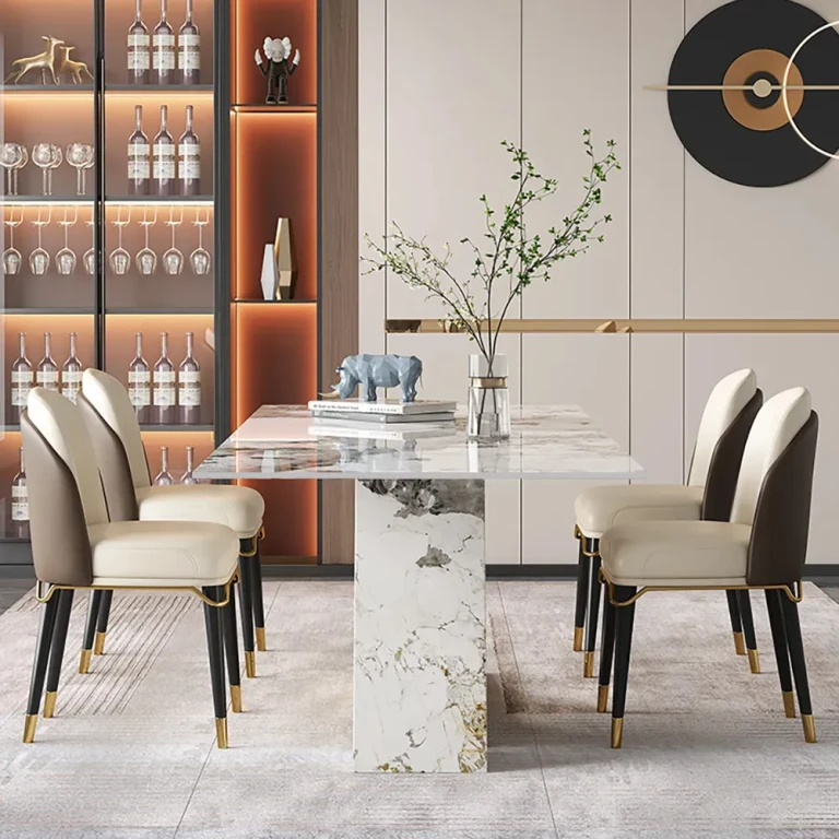 Modern 79" Rectangle Faux Marble Dining Table with 8 Chairs in Gold