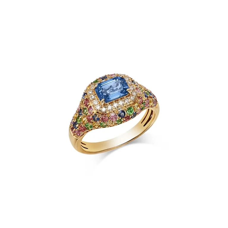 Rainbow Sapphire, Tsavorite Pave & Diamond Ring with Ceylon Sapphire Center Stone Pinky Ring in 14K Yellow Gold