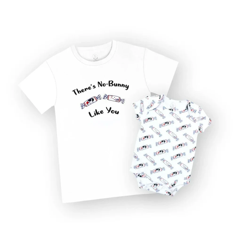 Mommy & Me Set Organic Cotton T-Shirt + Onesie - White Bunny Candy - White Bunny Candy Adult Tee in S + Onesie in 0-3M