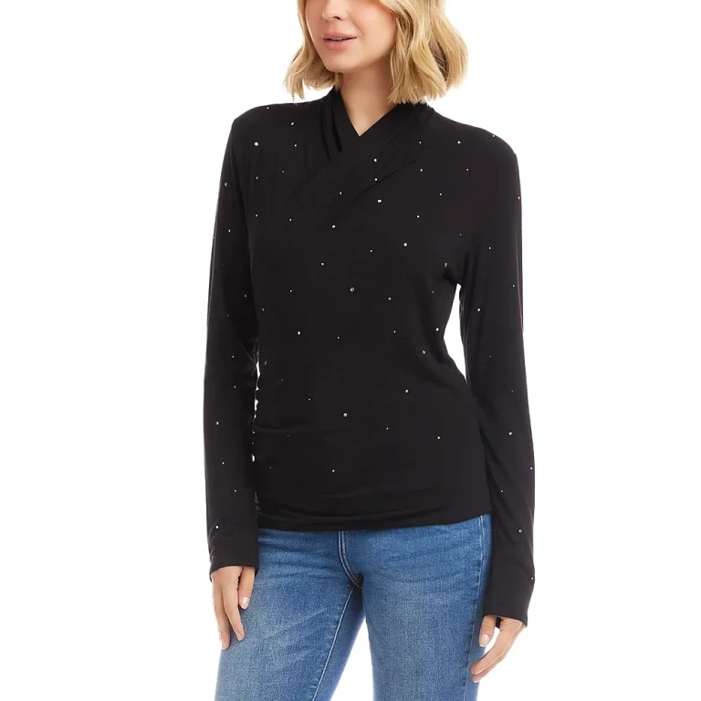 Karen Kane Long Sleeve Embellished Drape Front Crossover Top
