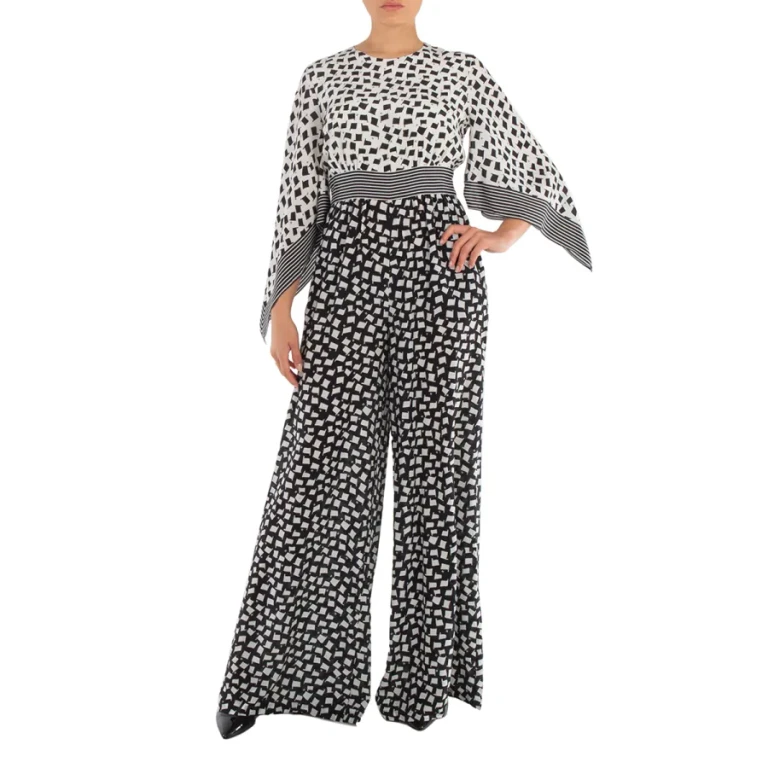 Max Mara Ladies White Black Origano Printed Silk Jumpsuit