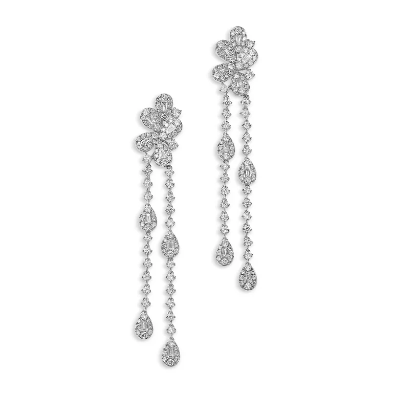 Diamond Drop Earrings in 18K White Gold, 3.35 tcw