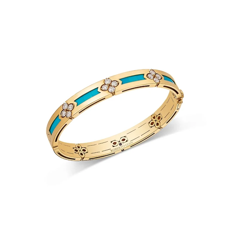 Roberto Coin 18K Yellow Gold Love in Verona Turquoise & Diamond Flower Bangle Bracelet
