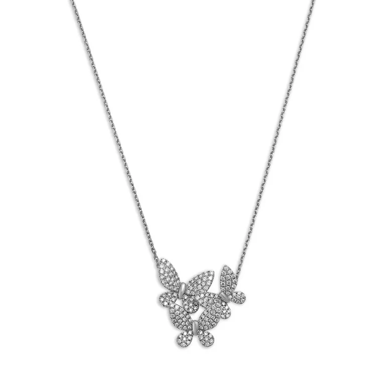 Diamond Butterfly Cluster Necklace in 14K White Gold, 0.75 tcw