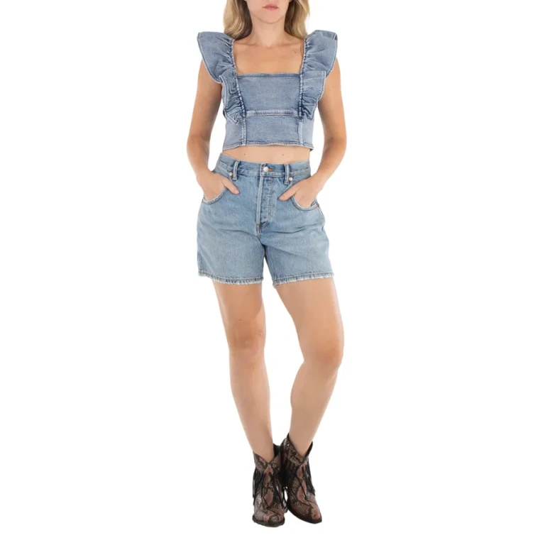 Ganni Stretch Denim Cropped Ruffle Top