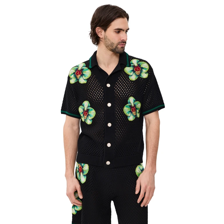 Casablanca Glitch Orchid Embroidered Crochet Shirt Black S
