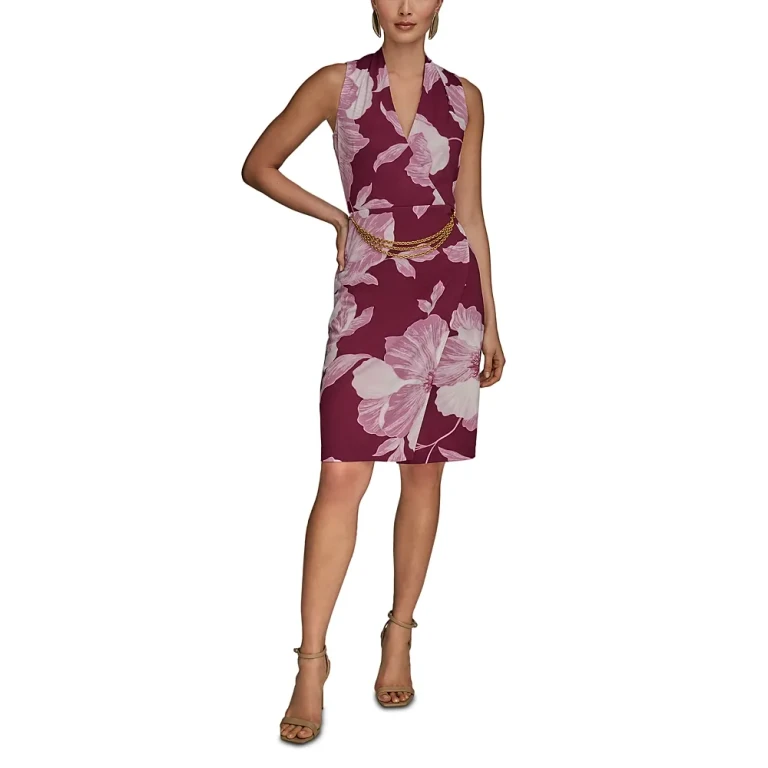 Donna Karan Floral Print Chain Belt Dress