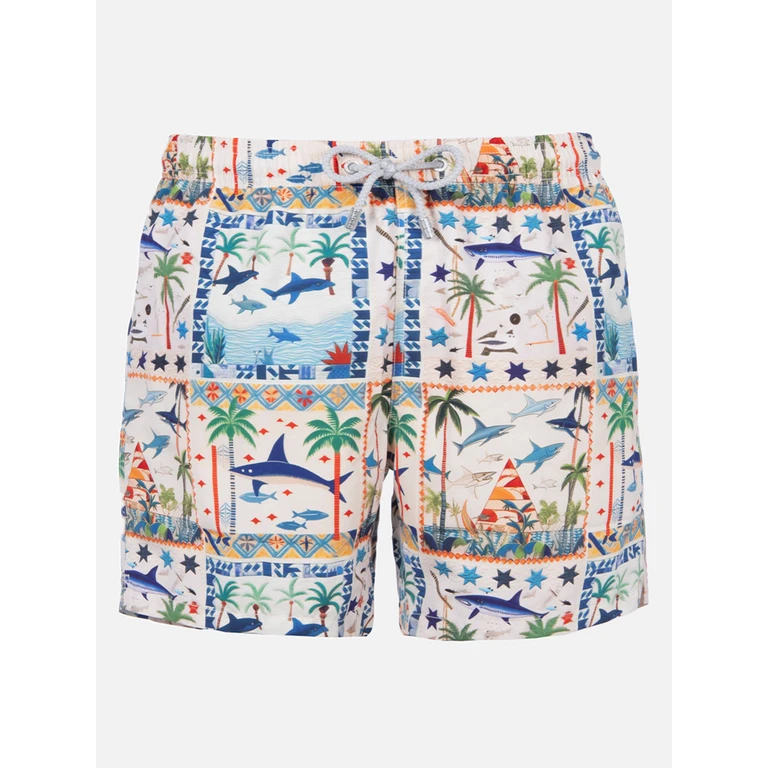 Mc2 Saint Barth Mid-Length Gustavia Swim-Shorts With Shark Print Ai Co-Created Design By Rickdick - Powered Red-Eye White Swimshort - Men