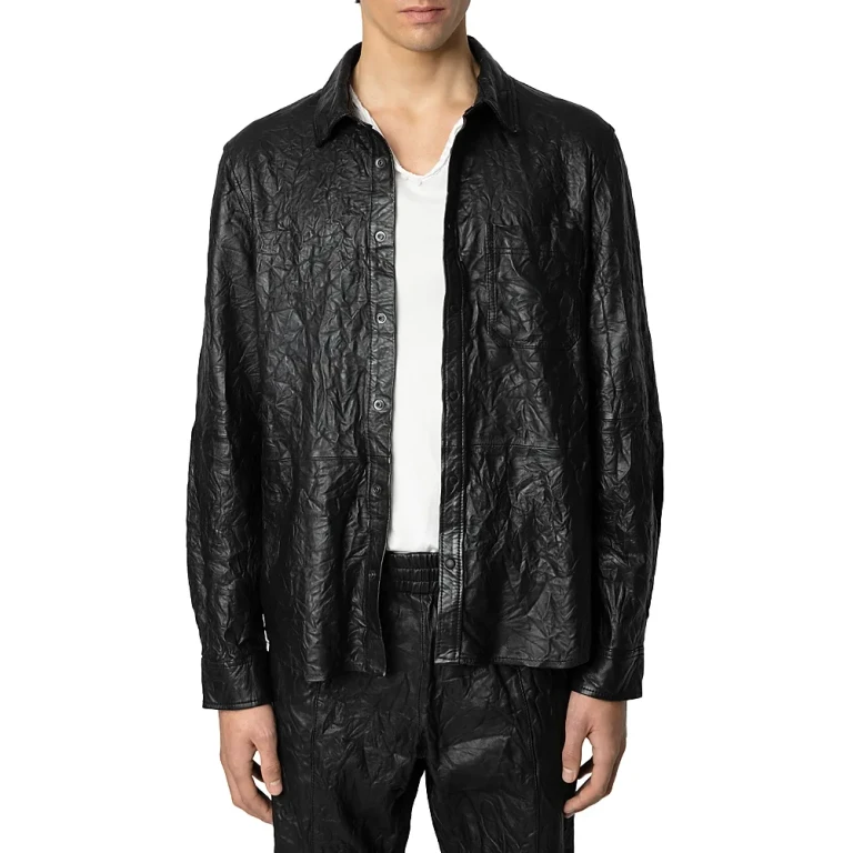 Zadig & Voltaire Serge Pocket Crinkle Leather Button Down Shirt