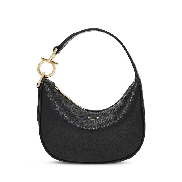 Ferragamo Black Tote Bag With Top Handle With Gancini In Hammered Leather Woman