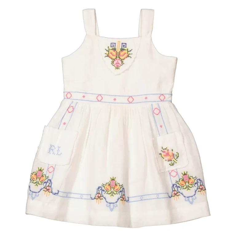 Polo Ralph Lauren Girls White Floral Embroidered Linen Dress