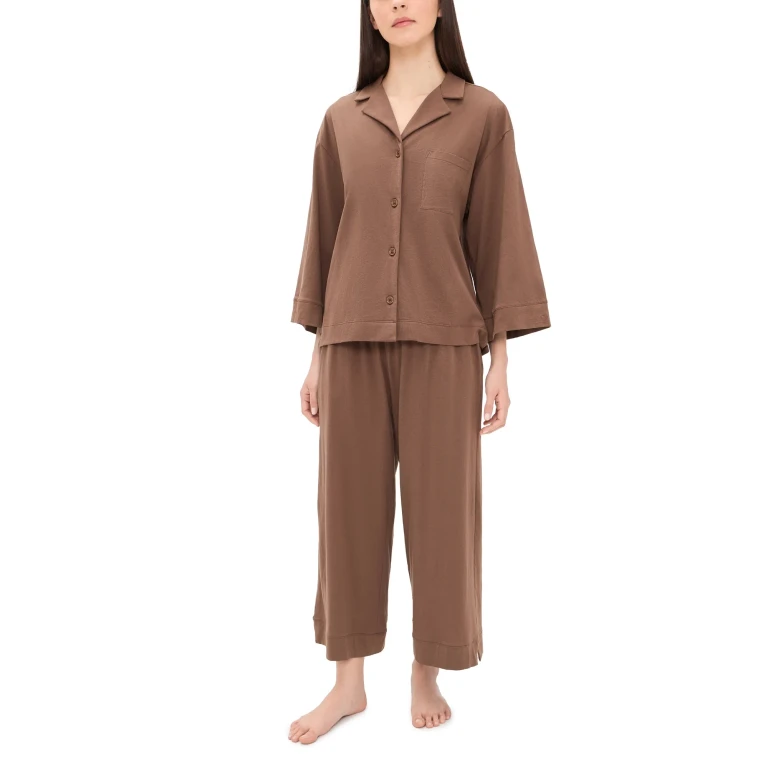 Petite Plume Olivia Wide Leg Pima Cotton Pajamas Brown S