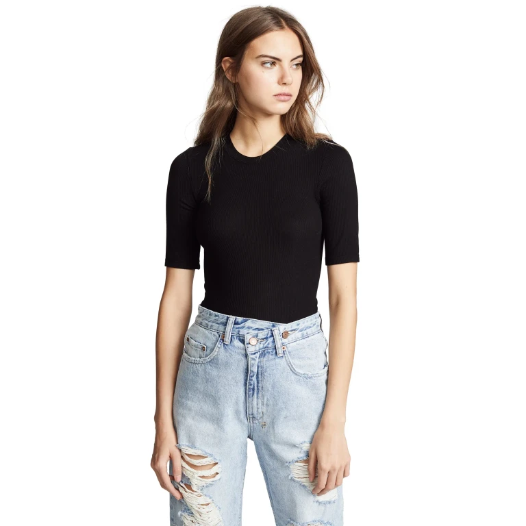 Enza Costa Rib Fitted Half Sleeve Crew Tee Black XS