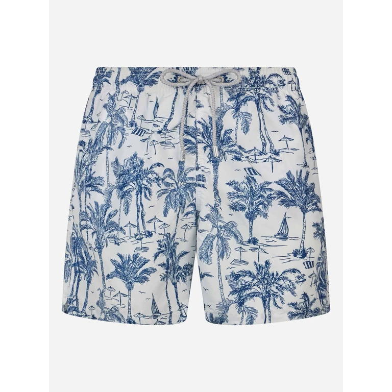 Mc2 Saint Barth Mid-Length Gustavia Swim-Shorts With Toile De Jouy Print White Swimshort - Men