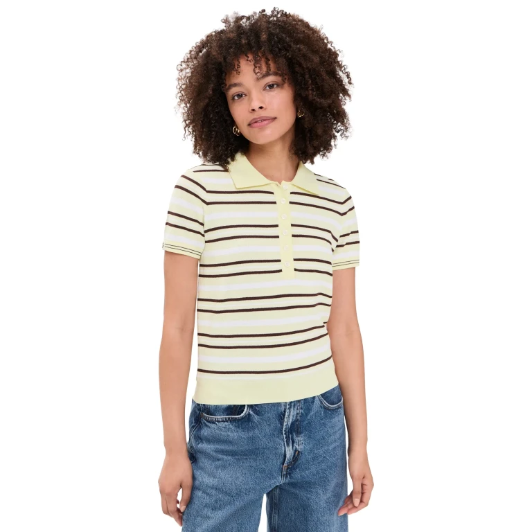 The Garment Madison Short Sleeve Polo Pastel Yellow/White/Espresso 4