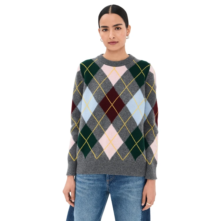 &Daughter Argyle Slouch Crewneck Sweater Grey With Pale Pink XS