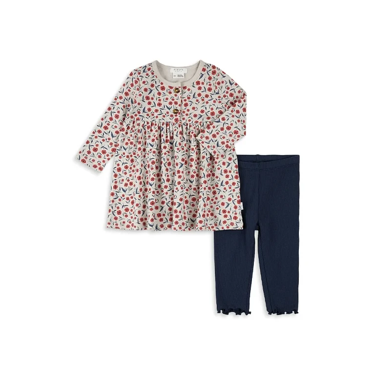 Firsts by petit lem Girls' Floral Poppy Print Ribbed Dress & Leggings Set - Baby