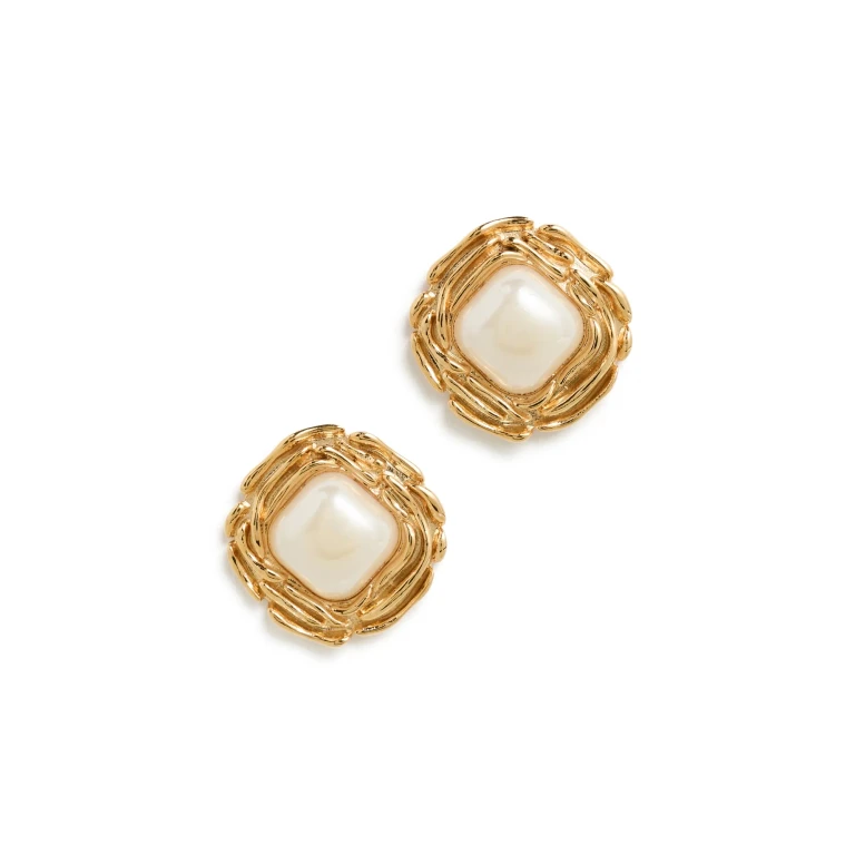 By Adina Eden Textured Frame Pearl Stud Earrings White One Size