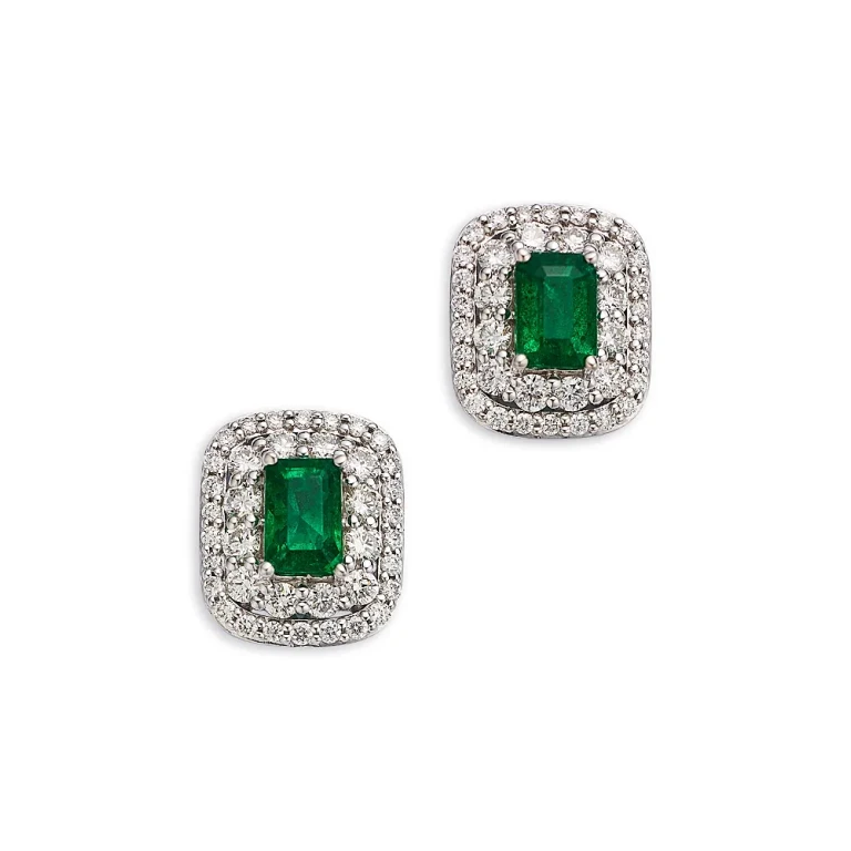 Emerald & Diamond Double Halo Statement Stud Earring in 14K White Gold