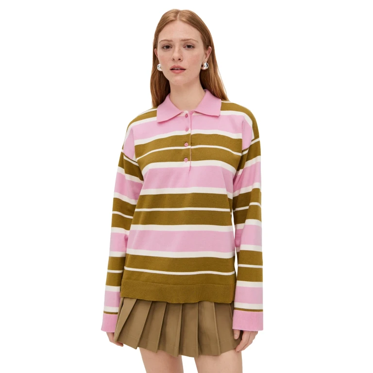 English Factory Striped Polo Knit Shirt Pistachio/Pink S