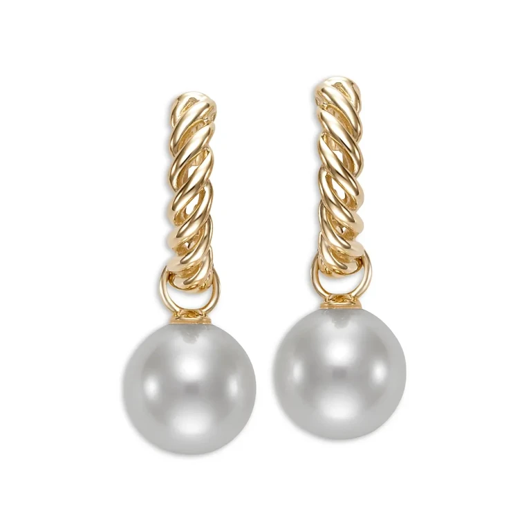 Freshwater Pearl Twist Chain Hoop Earrings in 14K Yellow Gold