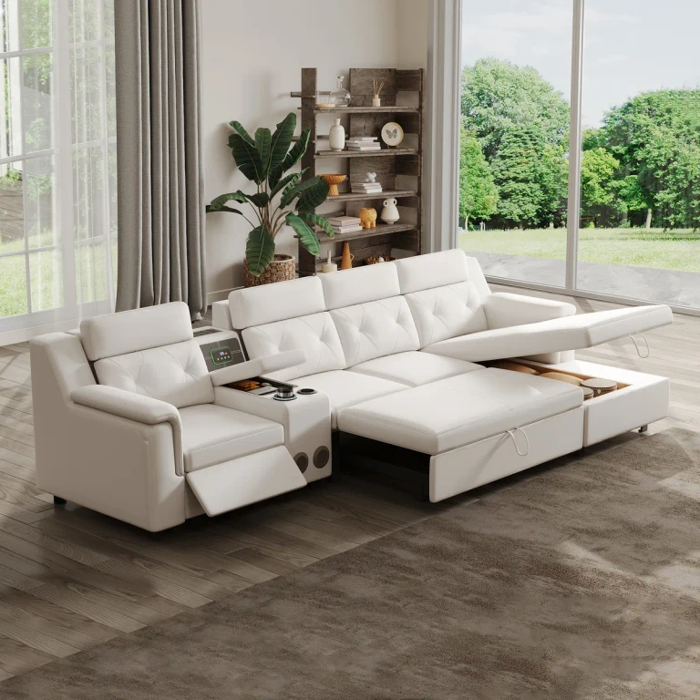 134.6" White Power Reclining Sectional Sofa Pull Out Bed Cup Holder & Speaker & Storage