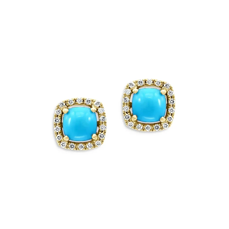 Turquoise & Diamond Halo Stud Earrings in 14K Yellow Gold