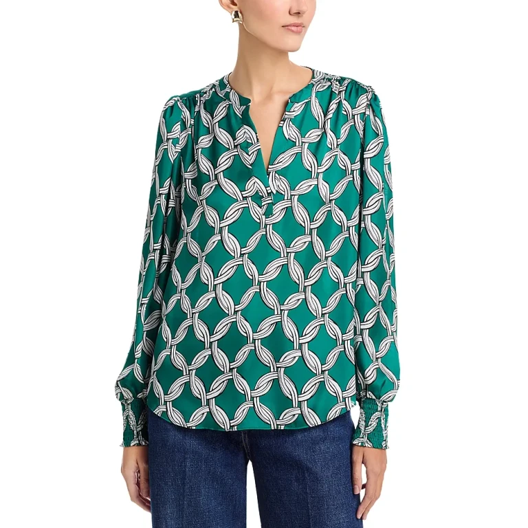 T Tahari Long Sleeved Split Neck Blouse With Smocked Cuffs