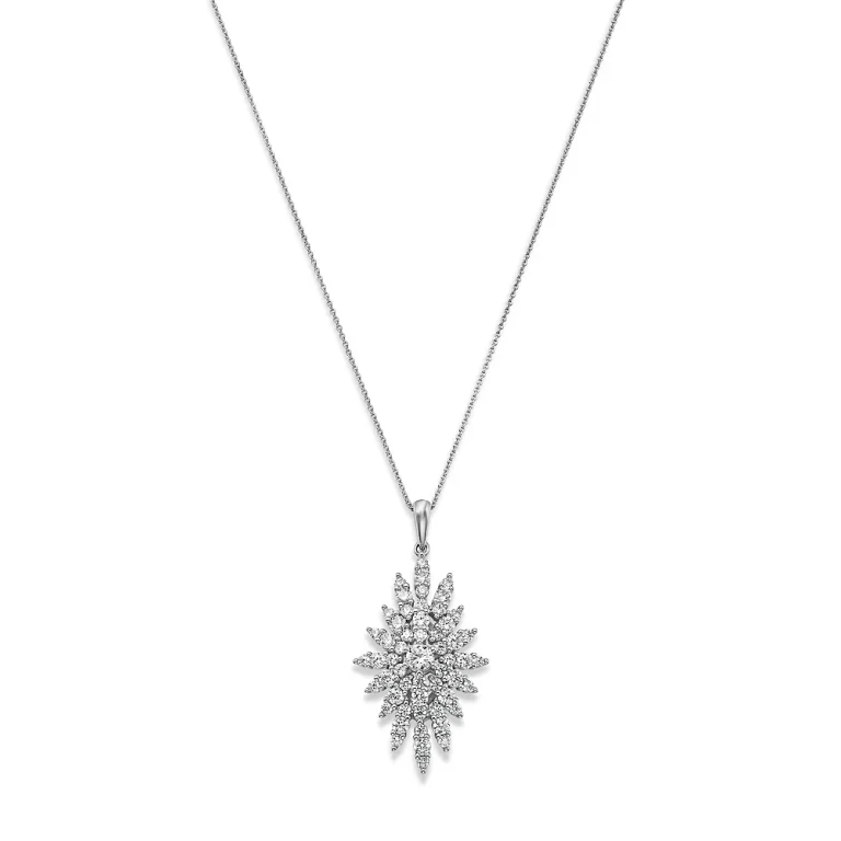 Diamond Retro Chic Starburst Pendant Necklace in 14K White Gold, 1.5 tcw
