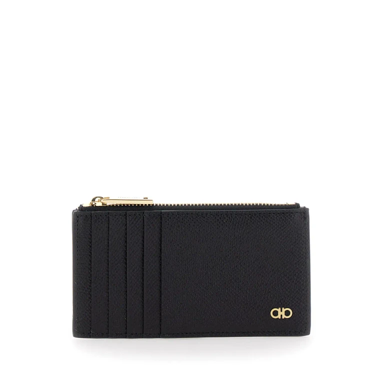 Ferragamo Black Card-holder With Micro Gancini Detail In Hammered Leather Heren