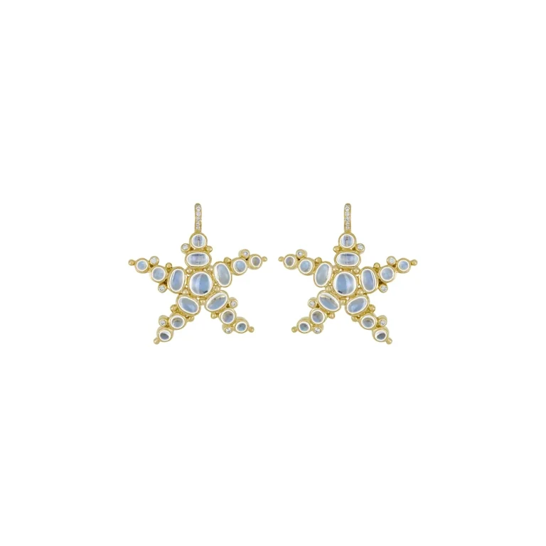 Temple St. Clair 18K Yellow Gold Sea Star Earrings with Royal Blue Moonstone and Diamonds, .17 tcw