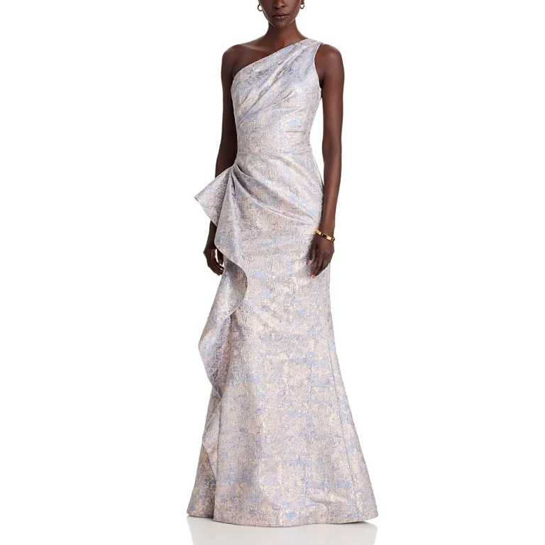 Teri Jon by Rickie Freeman One Shoulder Side Ruched Metallic Gown